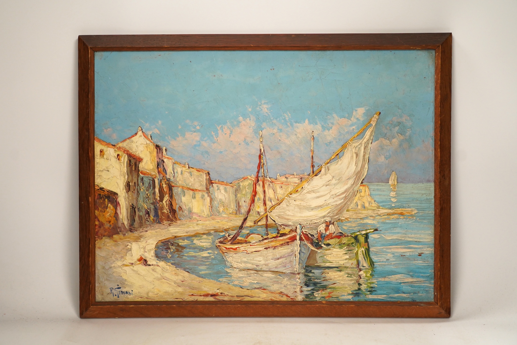Robert Giovanni (20th. C), impasto oil on board, Continental coastal view with moored boats, signed, 29 x 39cm. Condition - poor to fair, some paint chips and surface dirt